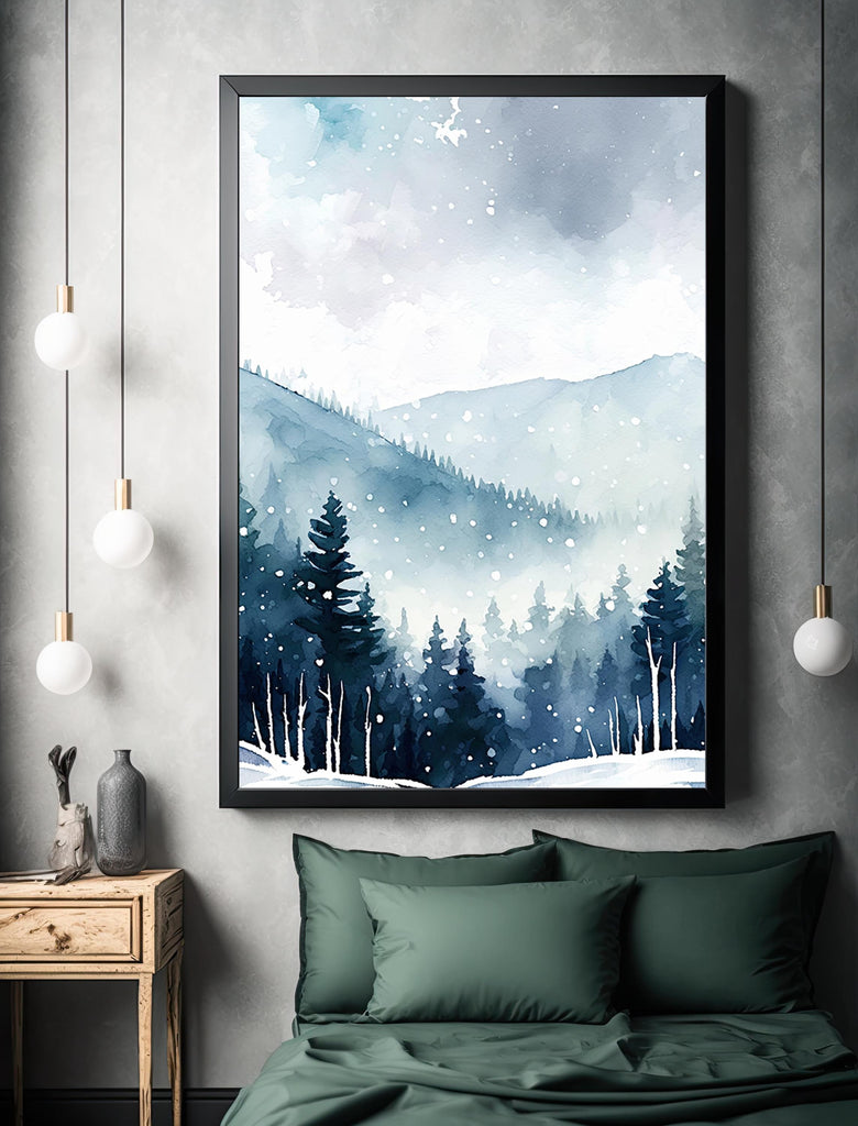 Winter Forest Watercolor Print, Misty Mountain Landscape, Serene Snowy Nature Poster, Cabincore Canvas Art, Tranquil Wall Decor