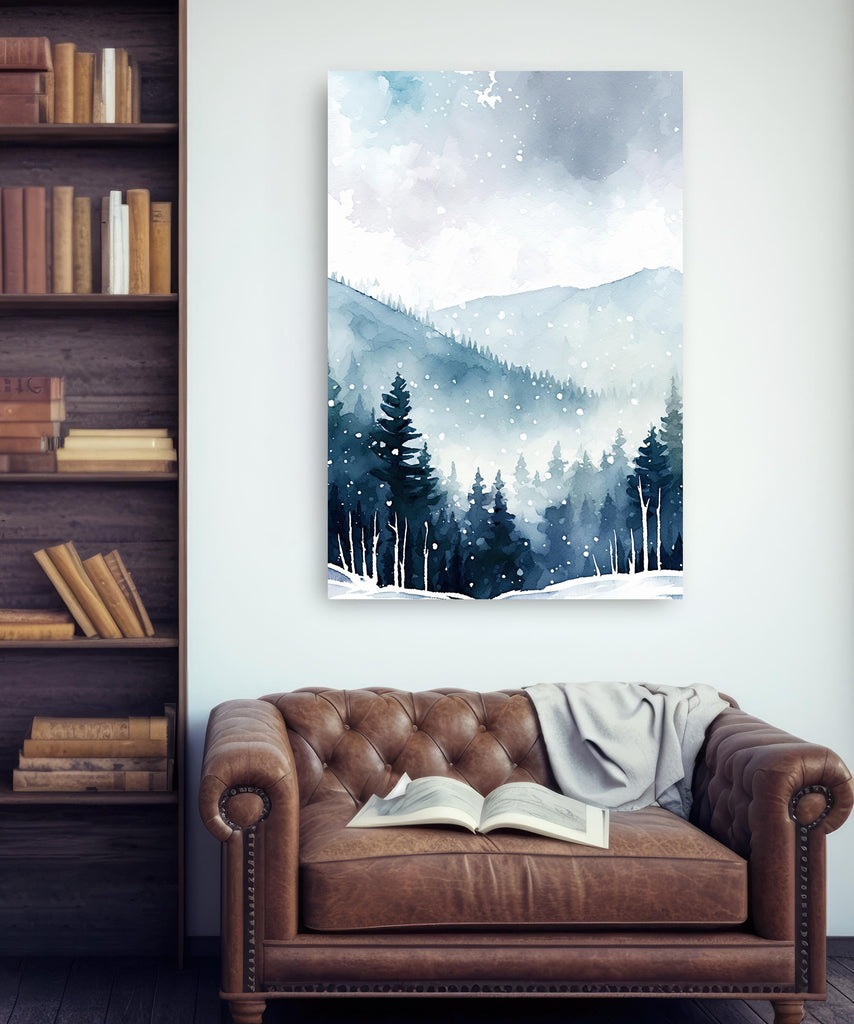 Winter Forest Watercolor Print, Misty Mountain Landscape, Serene Snowy Nature Poster, Cabincore Canvas Art, Tranquil Wall Decor