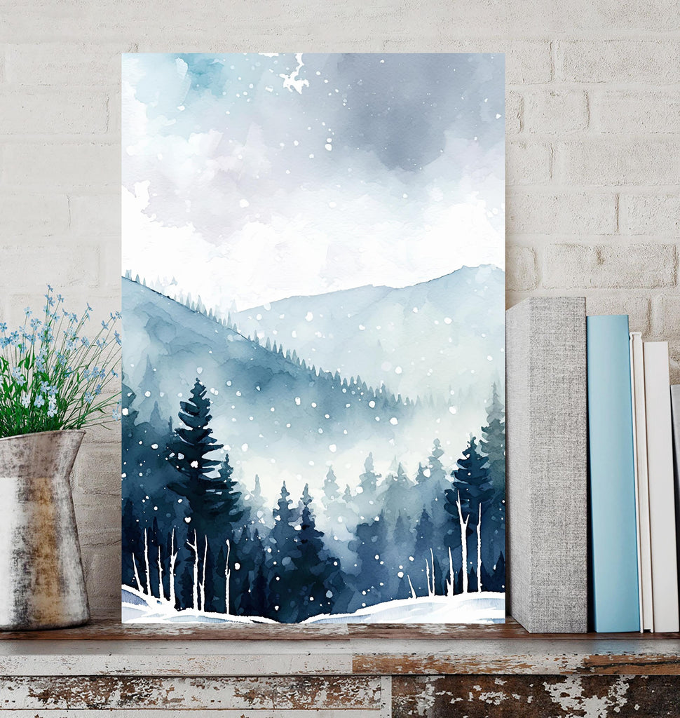 Winter Forest Watercolor Print, Misty Mountain Landscape, Serene Snowy Nature Poster, Cabincore Canvas Art, Tranquil Wall Decor