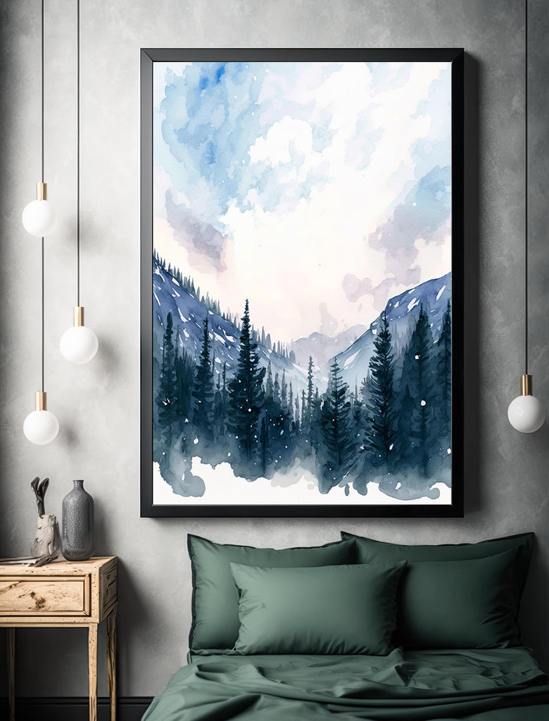 Winter Forest Watercolor Print, Misty Mountain Landscape, Serene Snowy Nature Poster, Cabincore Canvas Art, Tranquil Wall Decor