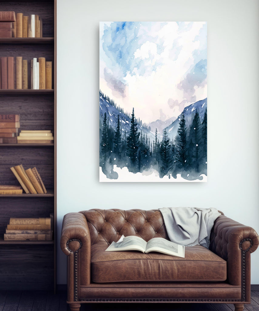 Winter Forest Watercolor Print, Misty Mountain Landscape, Serene Snowy Nature Poster, Cabincore Canvas Art, Tranquil Wall Decor