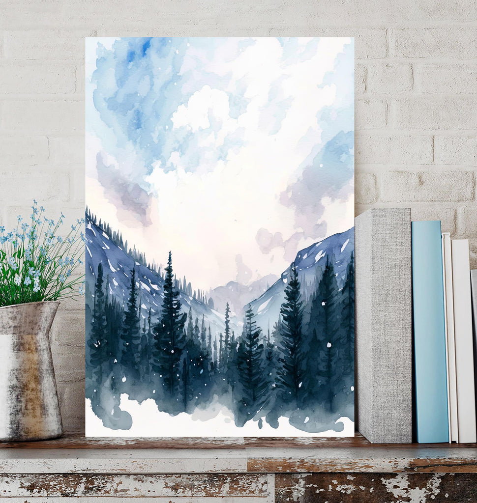 Winter Forest Watercolor Print, Misty Mountain Landscape, Serene Snowy Nature Poster, Cabincore Canvas Art, Tranquil Wall Decor