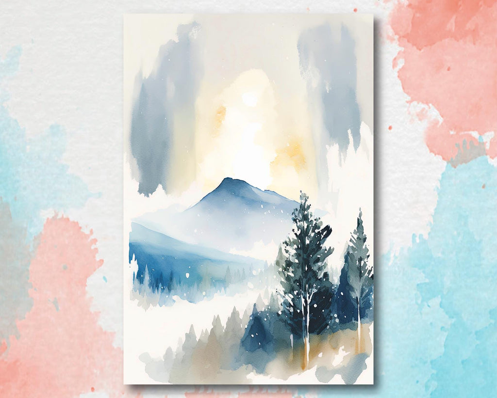 Winter Mountain Watercolor Print, Snow Forest Landscape, Misty Nature-Inspired Poster, Serene Canvas Art, Peaceful Wall Decor