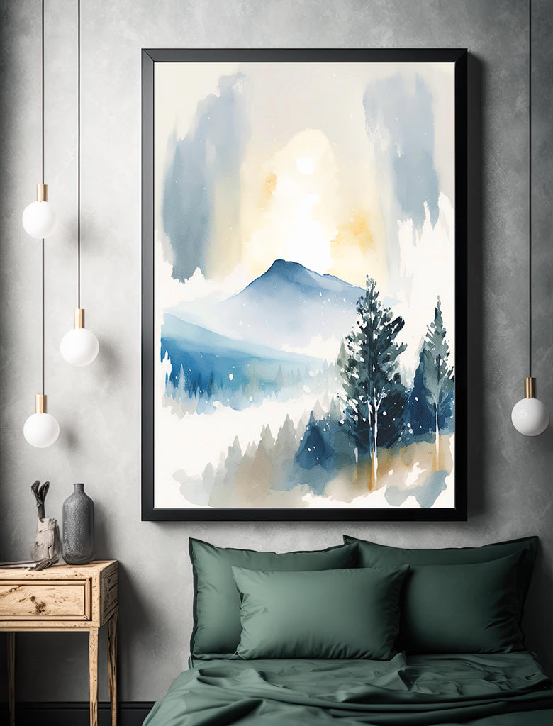 Winter Mountain Watercolor Print, Snow Forest Landscape, Misty Nature-Inspired Poster, Serene Canvas Art, Peaceful Wall Decor