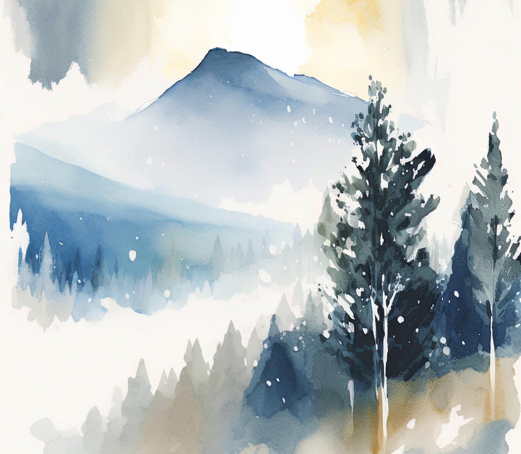 Winter Mountain Watercolor Print, Snow Forest Landscape, Misty Nature-Inspired Poster, Serene Canvas Art, Peaceful Wall Decor