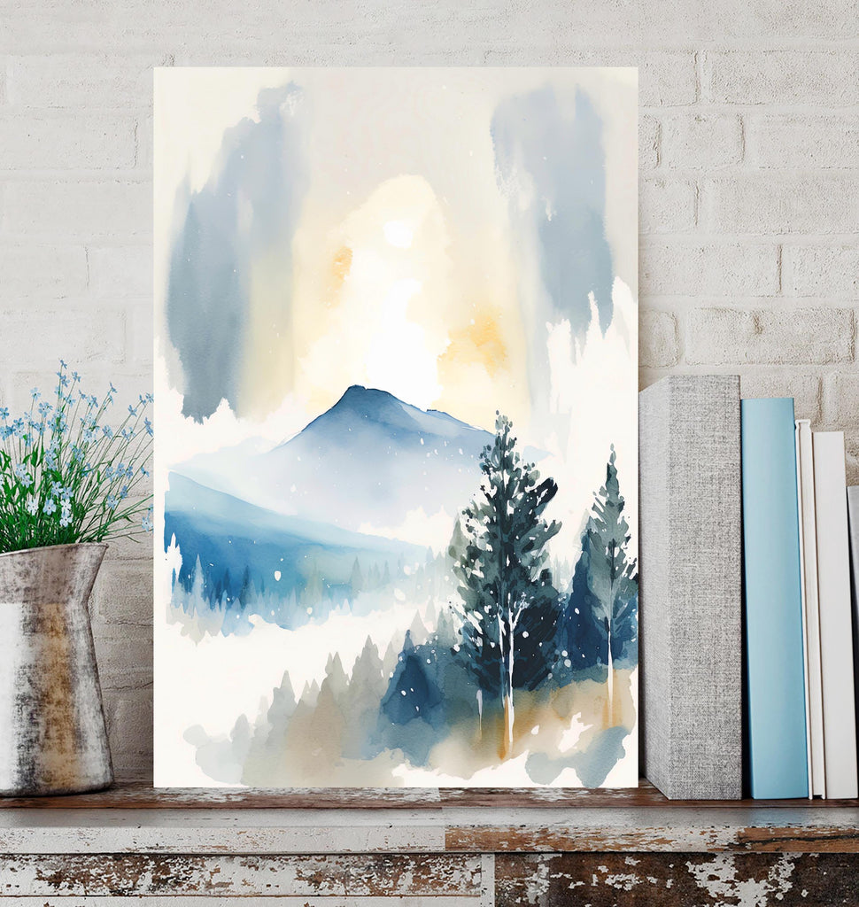 Winter Mountain Watercolor Print, Snow Forest Landscape, Misty Nature-Inspired Poster, Serene Canvas Art, Peaceful Wall Decor