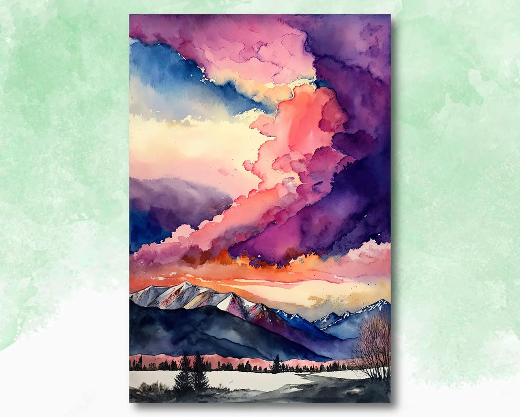 Winter Mountain Sunset Watercolor Print, Sky Landscape Poster, Forest Nature Wall Art, Vibrant Canvas Art, Serene Pink and Purple Wall Decor