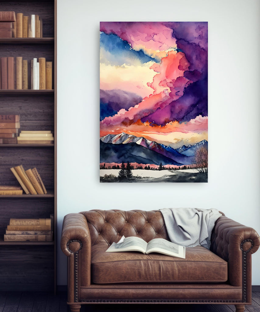 Winter Mountain Sunset Watercolor Print, Sky Landscape Poster, Forest Nature Wall Art, Vibrant Canvas Art, Serene Pink and Purple Wall Decor