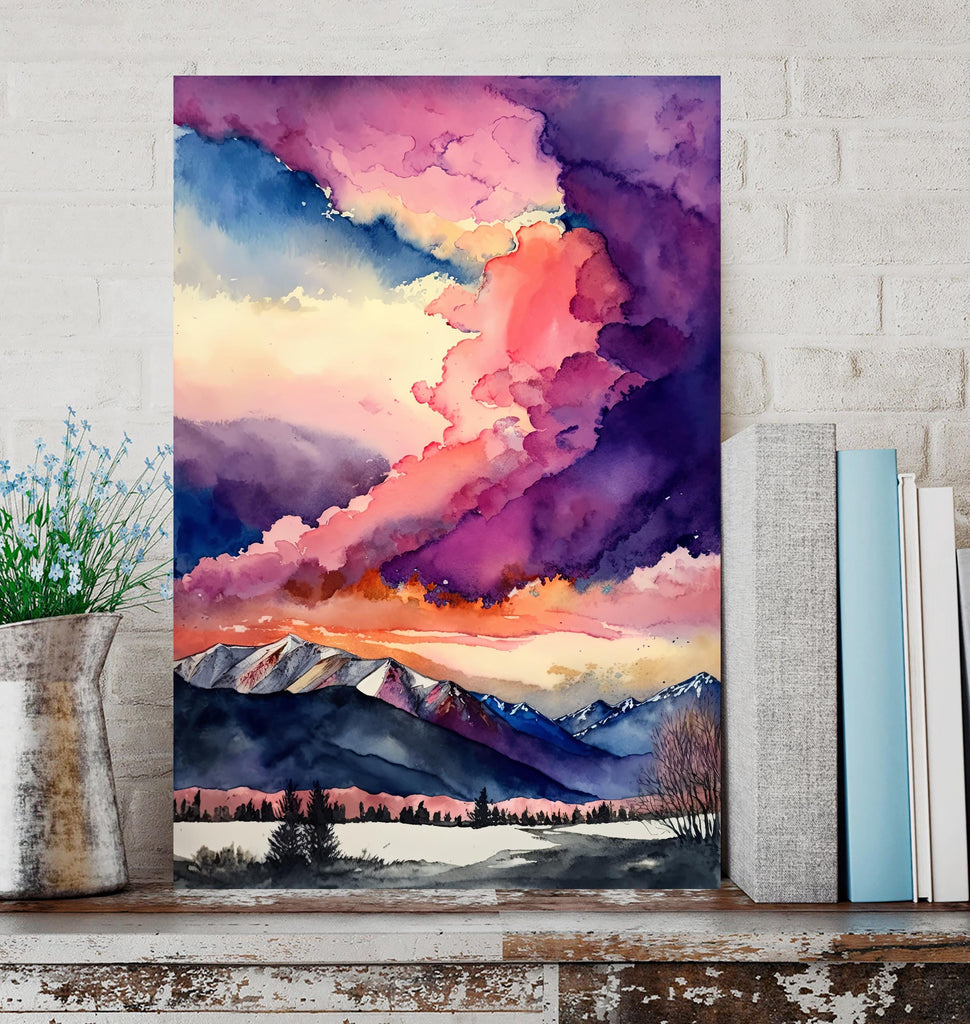 Winter Mountain Sunset Watercolor Print, Sky Landscape Poster, Forest Nature Wall Art, Vibrant Canvas Art, Serene Pink and Purple Wall Decor