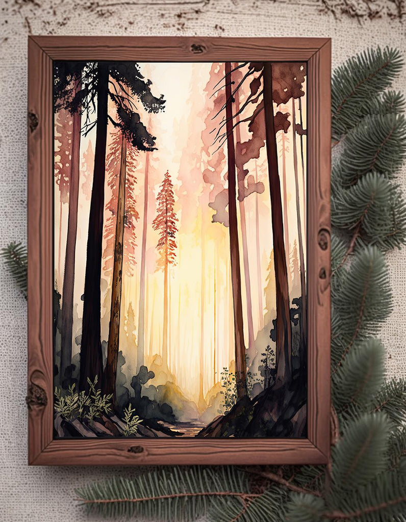 Redwood Forest Sunset Watercolor Print, Landscape Wall Art, Nature-Inspired Poster, Evergreen Trees Canvas Art, Woodland Home Decor