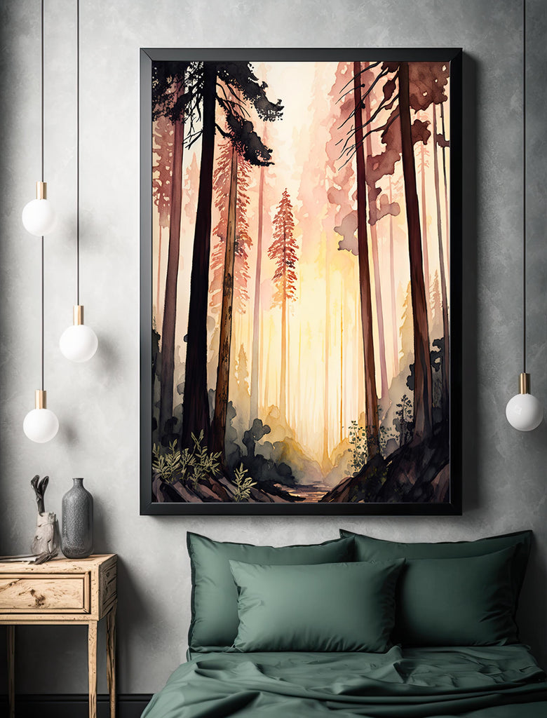 Redwood Forest Sunset Watercolor Print, Landscape Wall Art, Nature-Inspired Poster, Evergreen Trees Canvas Art, Woodland Home Decor