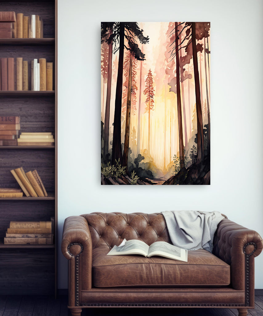 Redwood Forest Sunset Watercolor Print, Landscape Wall Art, Nature-Inspired Poster, Evergreen Trees Canvas Art, Woodland Home Decor