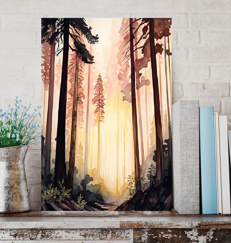 Redwood Forest Sunset Watercolor Print, Landscape Wall Art, Nature-Inspired Poster, Evergreen Trees Canvas Art, Woodland Home Decor