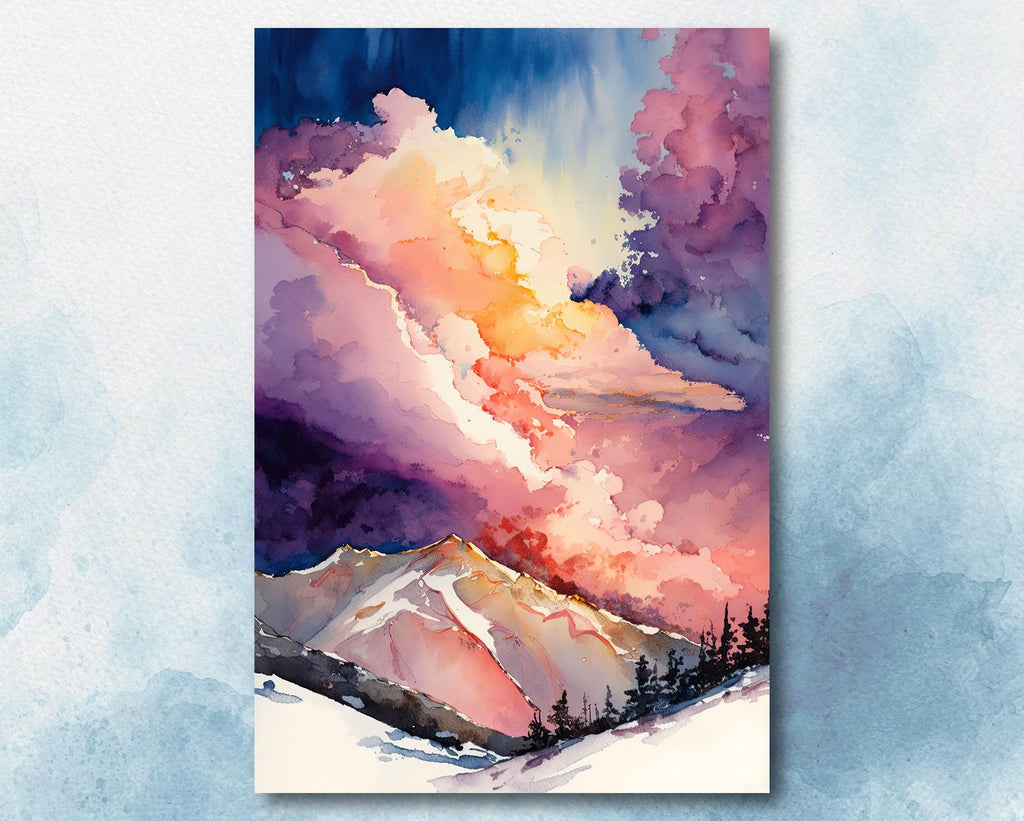 Winter Mountain Sunset Watercolor Print, Sky Landscape Poster, Forest Nature Wall Art, Vibrant Canvas Art, Serene Pink and Purple Wall Decor