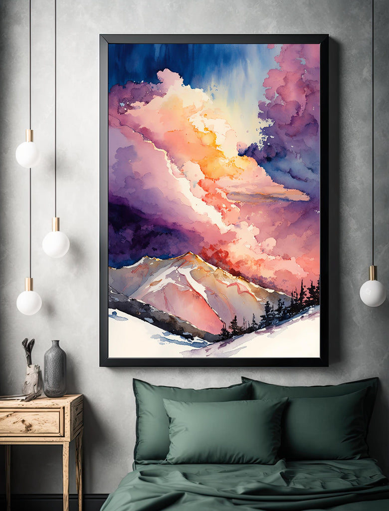 Winter Mountain Sunset Watercolor Print, Sky Landscape Poster, Forest Nature Wall Art, Vibrant Canvas Art, Serene Pink and Purple Wall Decor