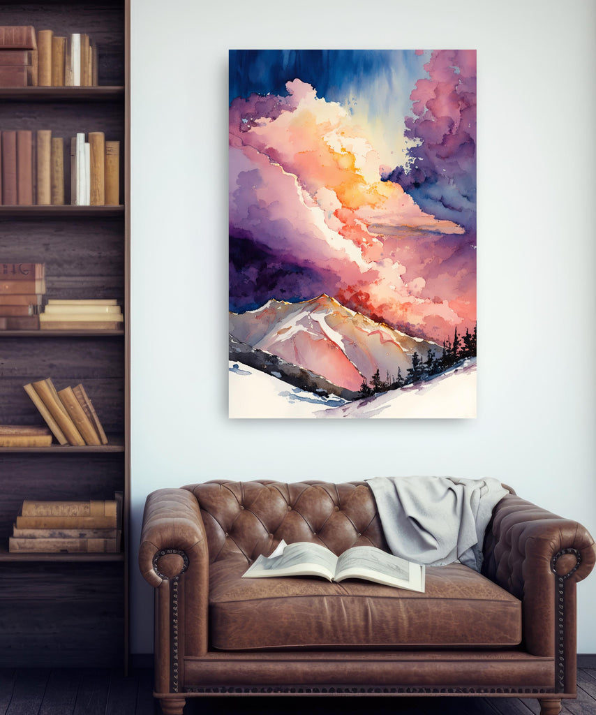 Winter Mountain Sunset Watercolor Print, Sky Landscape Poster, Forest Nature Wall Art, Vibrant Canvas Art, Serene Pink and Purple Wall Decor