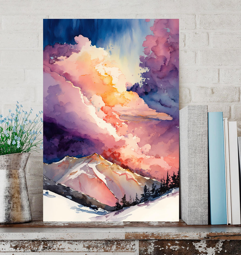 Winter Mountain Sunset Watercolor Print, Sky Landscape Poster, Forest Nature Wall Art, Vibrant Canvas Art, Serene Pink and Purple Wall Decor