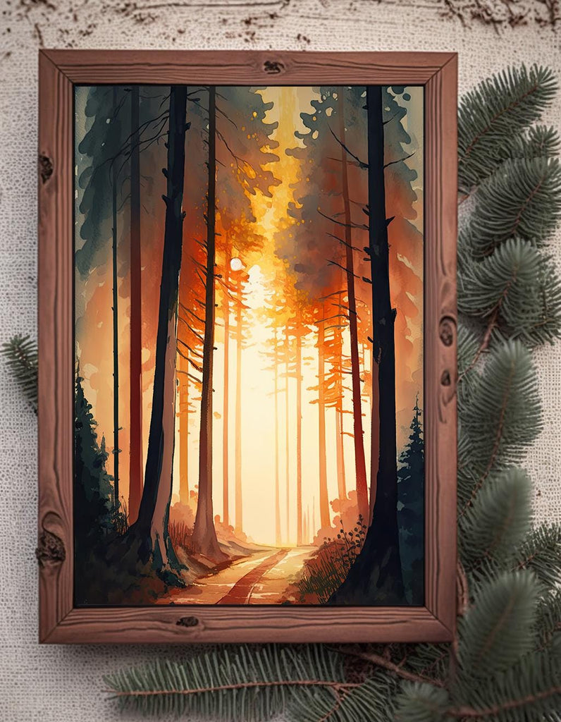 Redwood Forest Sunset Watercolor Print, Landscape Wall Art, Nature-Inspired Poster, Evergreen Trees Canvas Art, Woodland Home Decor