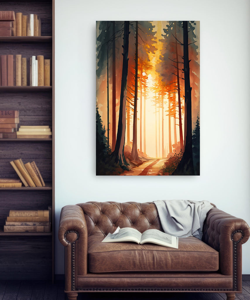 Redwood Forest Sunset Watercolor Print, Landscape Wall Art, Nature-Inspired Poster, Evergreen Trees Canvas Art, Woodland Home Decor