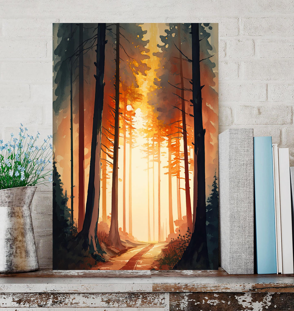 Redwood Forest Sunset Watercolor Print, Landscape Wall Art, Nature-Inspired Poster, Evergreen Trees Canvas Art, Woodland Home Decor