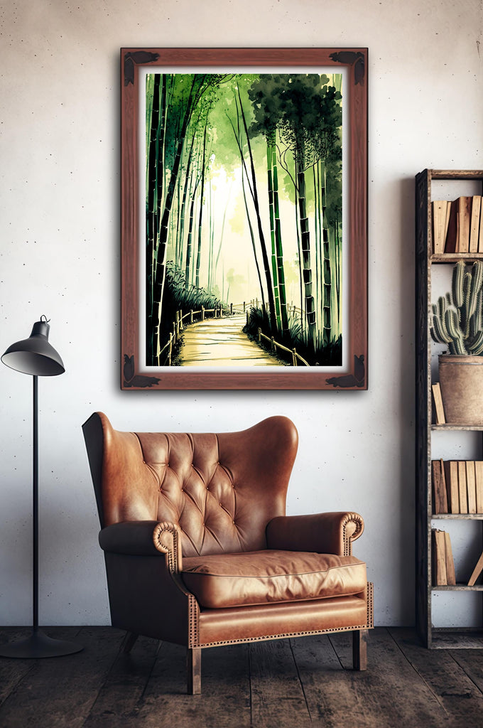 Japanese Bamboo Forest Watercolor Print, Asian Nature Landscape Wall Art, Greenery Botanical Poster, Serene Japan Canvas Art, Zen Home Decor