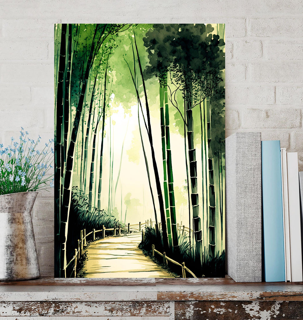 Japanese Bamboo Forest Watercolor Print, Asian Nature Landscape Wall Art, Greenery Botanical Poster, Serene Japan Canvas Art, Zen Home Decor