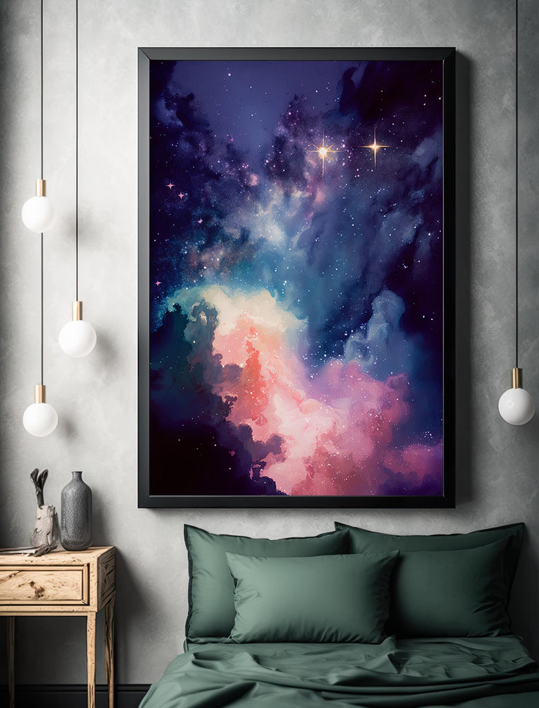 Galaxy Nebula Watercolor Print, Cosmic Space Wall Art, Stars and Clouds Poster, Celestial Universe Canvas Art, Astronomy Home Decor