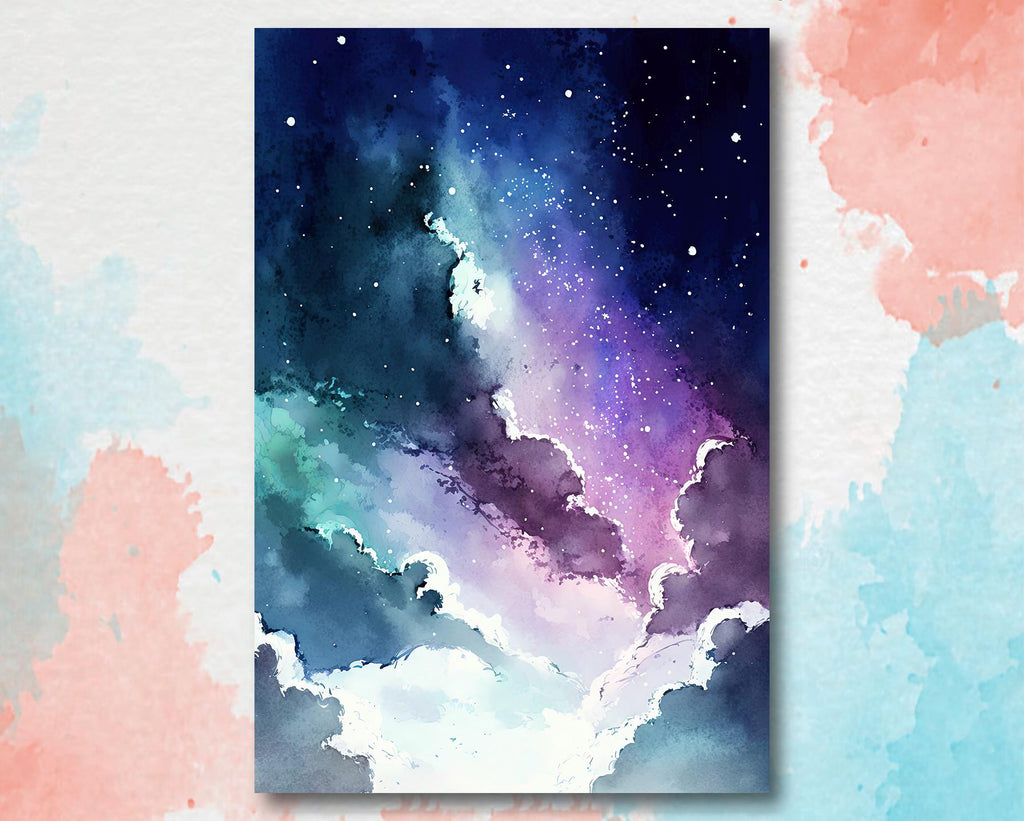 Galaxy Nebula Watercolor Print, Cosmic Space Wall Art, Stars and Clouds Poster, Celestial Universe Canvas Art, Astronomy Home Decor