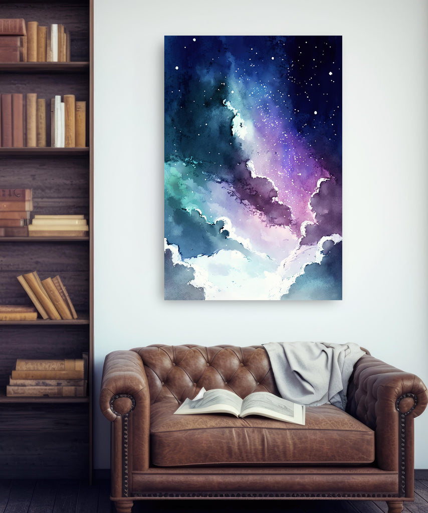 Galaxy Nebula Watercolor Print, Cosmic Space Wall Art, Stars and Clouds Poster, Celestial Universe Canvas Art, Astronomy Home Decor