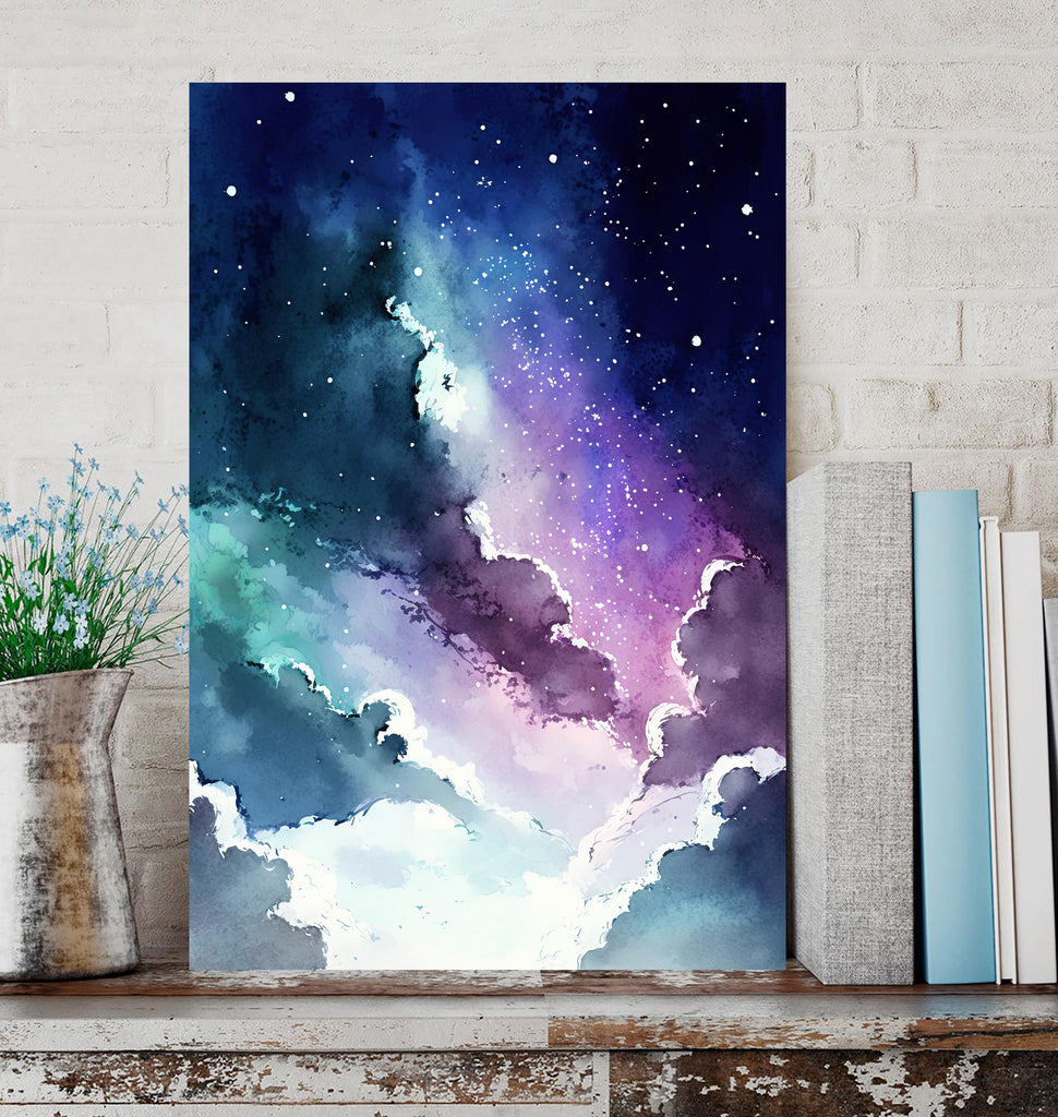 Galaxy Nebula Watercolor Print, Cosmic Space Wall Art, Stars and Clouds Poster, Celestial Universe Canvas Art, Astronomy Home Decor