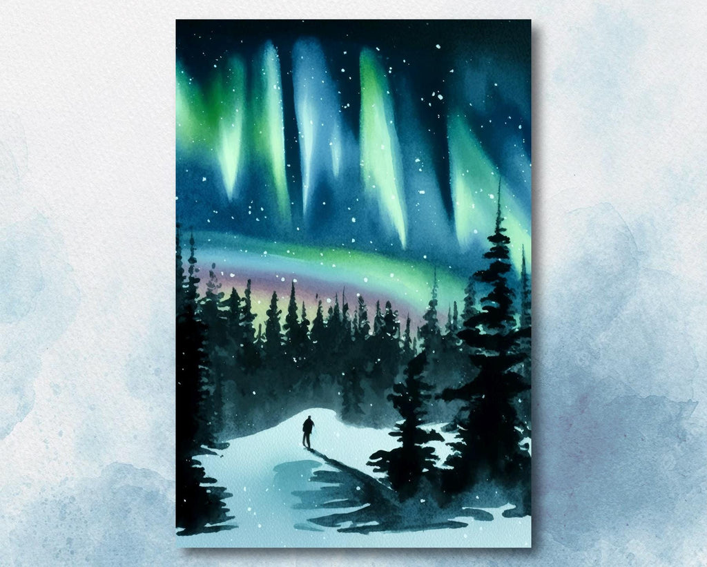 Winter Forest Aurora Borealis Watercolor Print, Northern Lights Landscape Wall Art, Starry Night Canvas Art, Nature-Inspired Home Decor