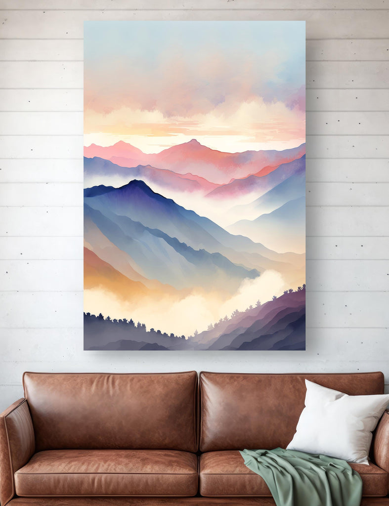 Mountain Sunrise Watercolor Print, Layered Landscape Wall Art, Nature-Inspired Canvas Poster, Colorful Misty Sunrise Decor