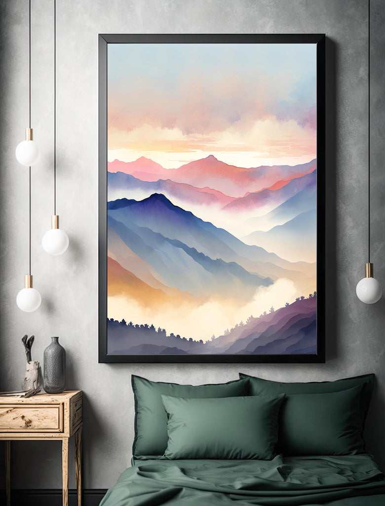 Mountain Sunrise Watercolor Print, Layered Landscape Wall Art, Nature-Inspired Canvas Poster, Colorful Misty Sunrise Decor