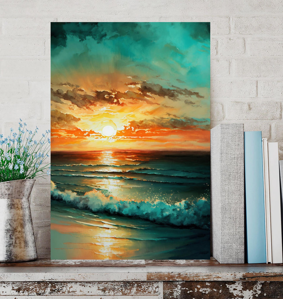 Ocean Sunset Watercolor Print, Beach Wave Landscape Wall Art, Nature Inspired Canvas Poster, Coastal Sunrise Home Decor