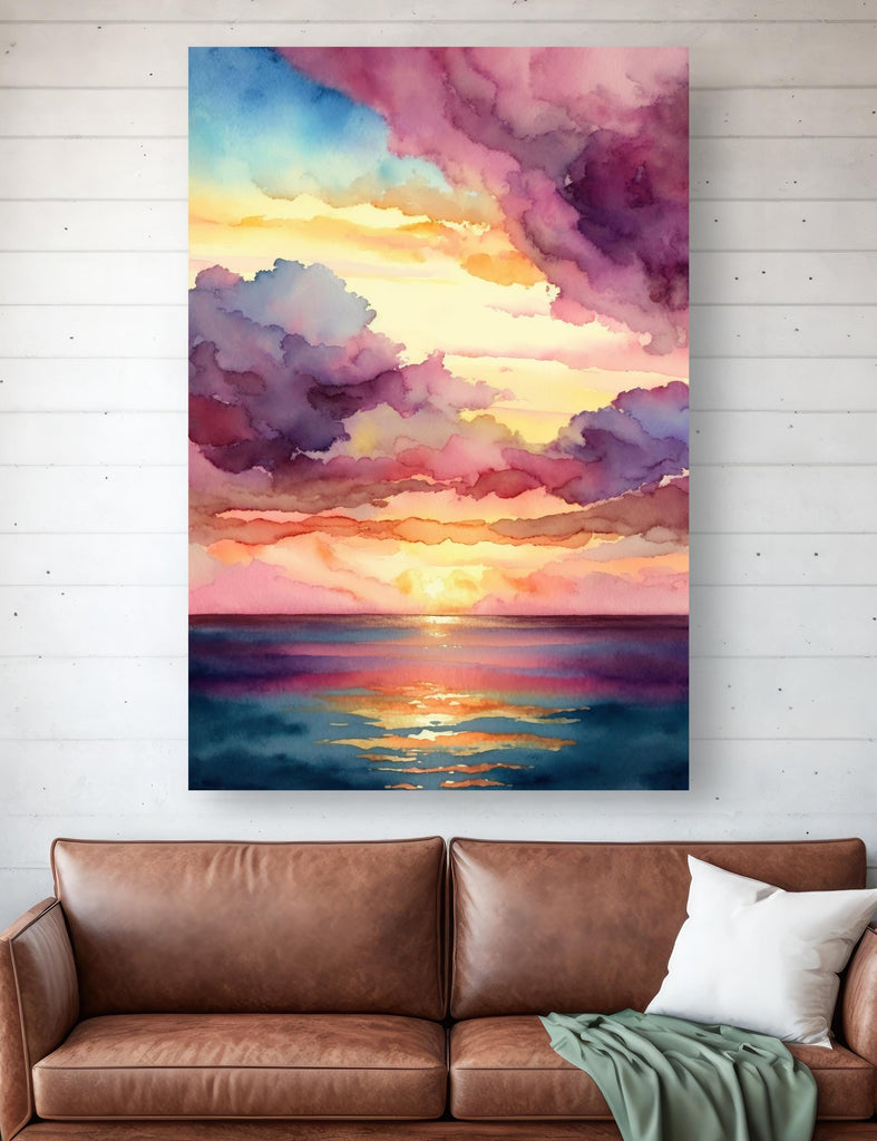 Ocean Sunset Watercolor Print, Beach Wave Landscape Wall Art, Nature Inspired Canvas Poster, Coastal Sunrise Home Decor