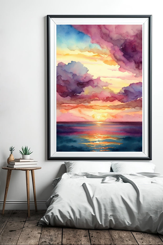 Ocean Sunset Watercolor Print, Beach Wave Landscape Wall Art, Nature Inspired Canvas Poster, Coastal Sunrise Home Decor