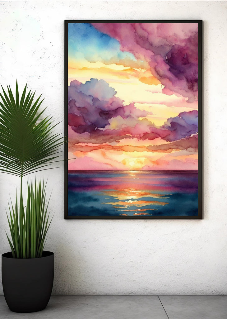 Ocean Sunset Watercolor Print, Beach Wave Landscape Wall Art, Nature Inspired Canvas Poster, Coastal Sunrise Home Decor