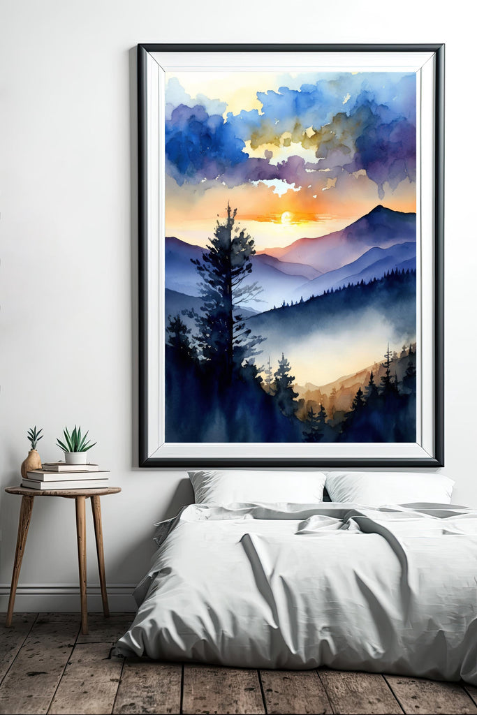 Mountain Sunrise Watercolor Print, Cloudy Scenic Landscape Poster Wall Art, Nature Inspired Canvas, Blue and Orange Sky, Woodland Home Decor