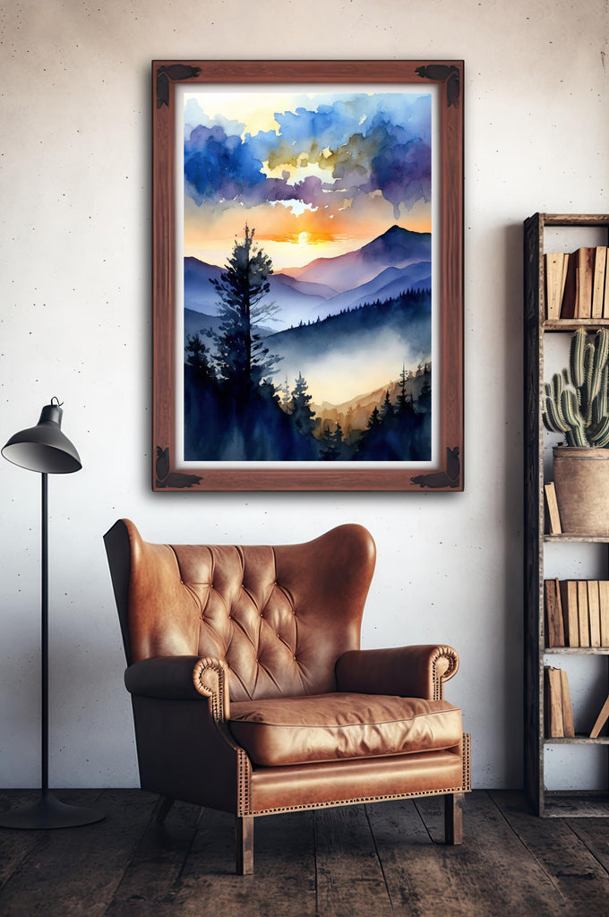 Mountain Sunrise Watercolor Print, Cloudy Scenic Landscape Poster Wall Art, Nature Inspired Canvas, Blue and Orange Sky, Woodland Home Decor