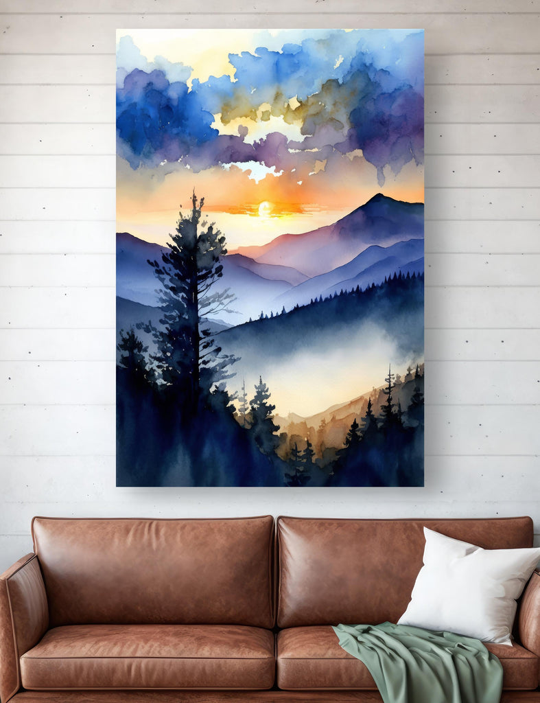 Mountain Sunrise Watercolor Print, Cloudy Scenic Landscape Poster Wall Art, Nature Inspired Canvas, Blue and Orange Sky, Woodland Home Decor