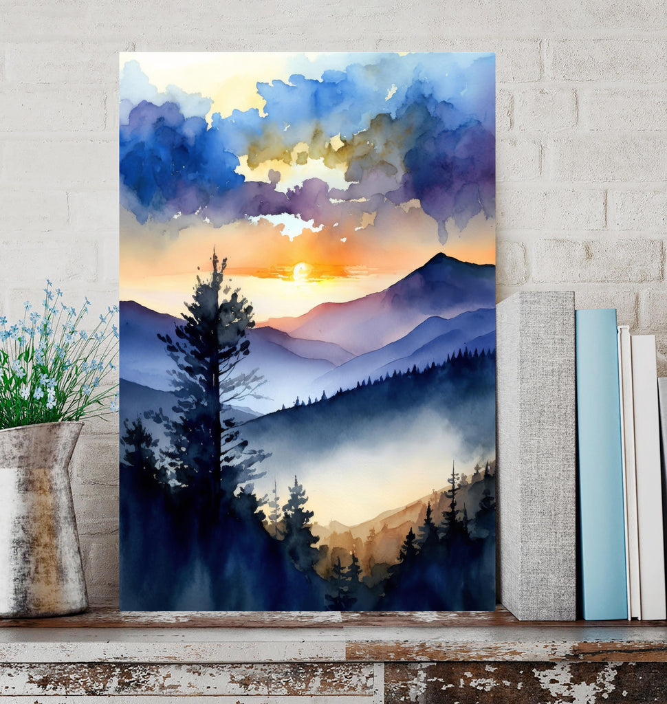 Mountain Sunrise Watercolor Print, Cloudy Scenic Landscape Poster Wall Art, Nature Inspired Canvas, Blue and Orange Sky, Woodland Home Decor