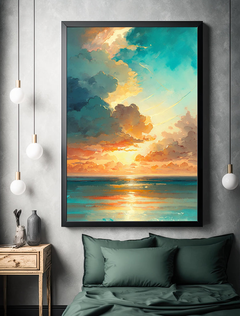 Ocean Sunset Watercolor Print, Beach Wave Landscape Wall Art, Nature Inspired Canvas Poster, Coastal Sunrise Home Decor