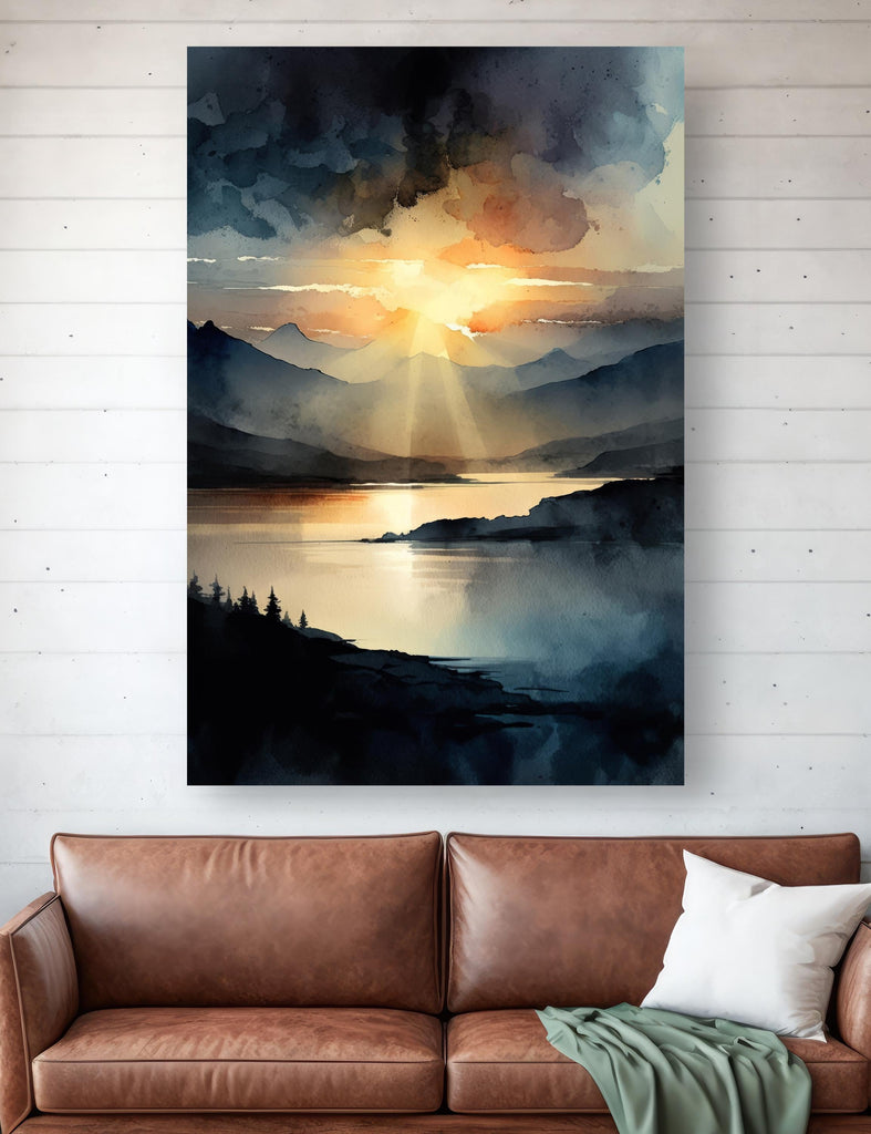 Mountain Sunset Watercolor Print, Lake Landscape Wall Art, Nature Inspired Canvas Art, Dark Moody Poster Home Decor