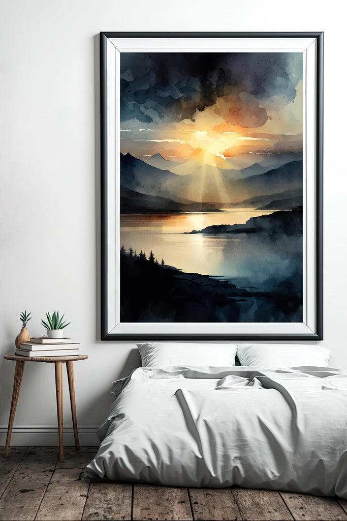 Mountain Sunset Watercolor Print, Lake Landscape Wall Art, Nature Inspired Canvas Art, Dark Moody Poster Home Decor