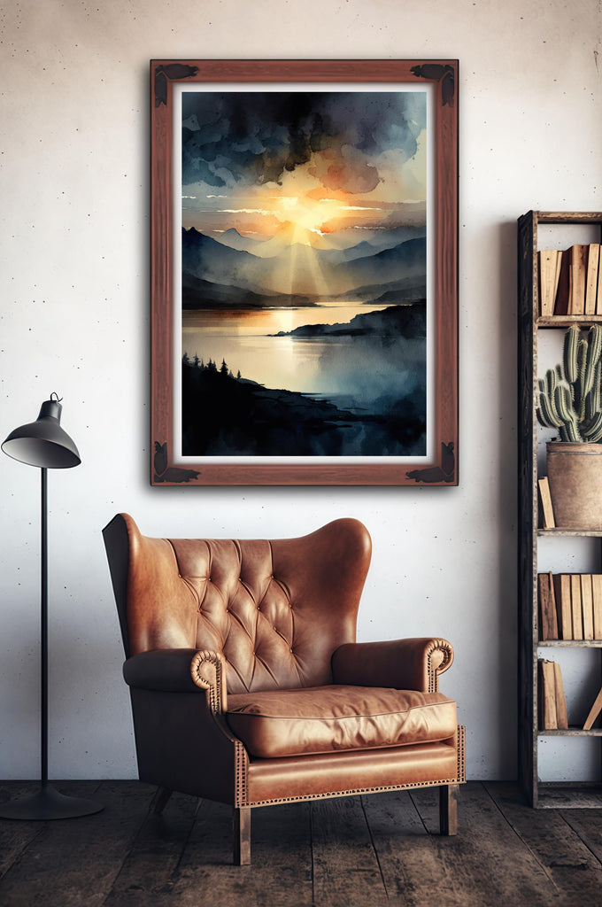 Mountain Sunset Watercolor Print, Lake Landscape Wall Art, Nature Inspired Canvas Art, Dark Moody Poster Home Decor