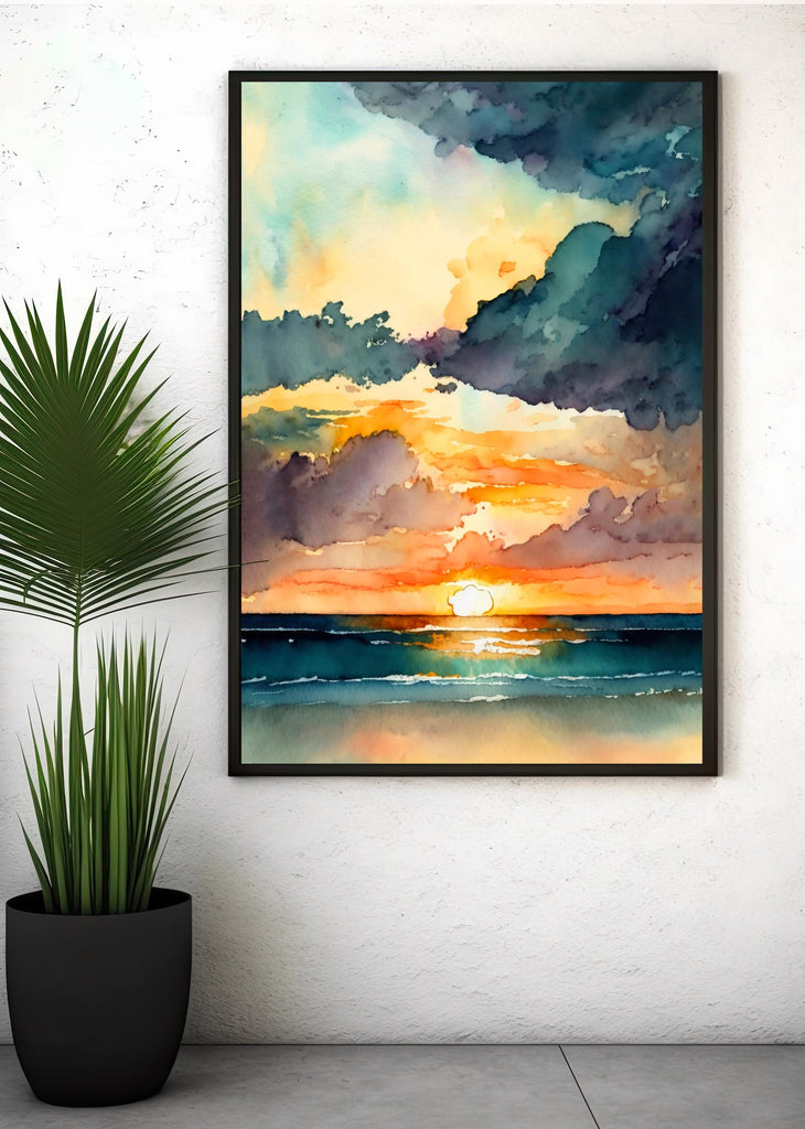 Ocean Sunset Watercolor Print, Beach Wave Landscape Wall Art, Nature Inspired Canvas Poster, Coastal Sunrise Home Decor