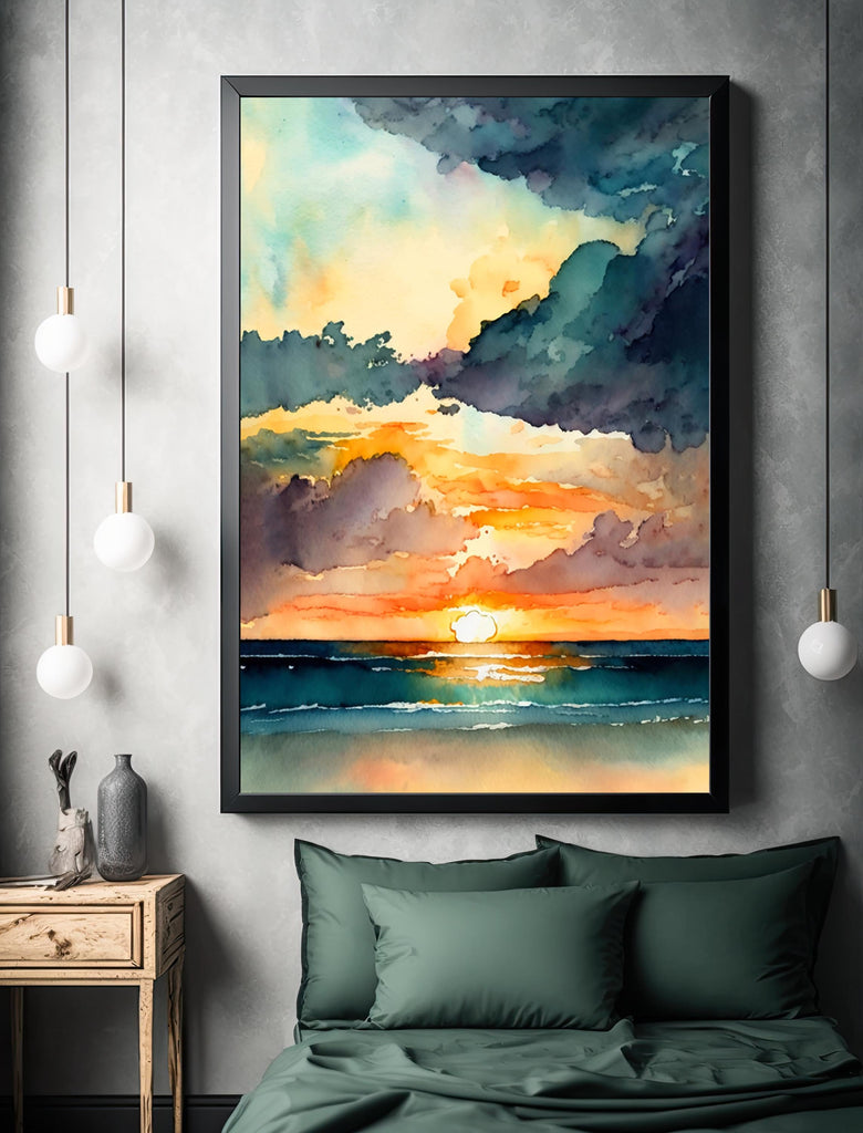 Ocean Sunset Watercolor Print, Beach Wave Landscape Wall Art, Nature Inspired Canvas Poster, Coastal Sunrise Home Decor