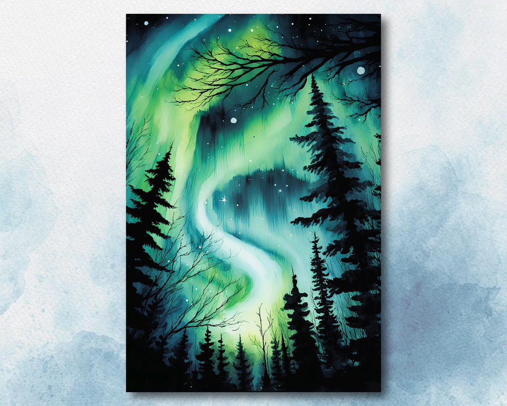 Winter Forest Aurora Borealis Watercolor Print, Northern Lights Landscape Wall Art, Starry Night Canvas Art, Nature-Inspired Home Decor