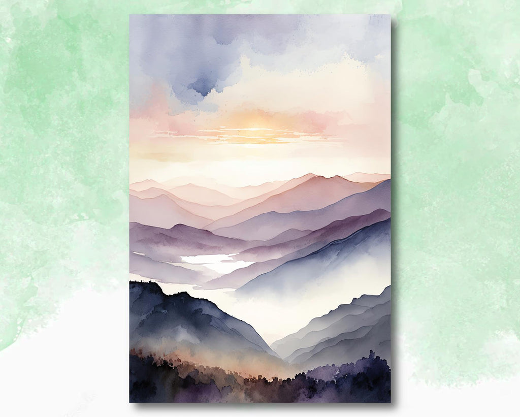 Mountain Sunrise Watercolor Print, Soft Pastel Landscape Wall Art, Nature Inspired Canvas Art, Misty Scenic Poster Home Decor