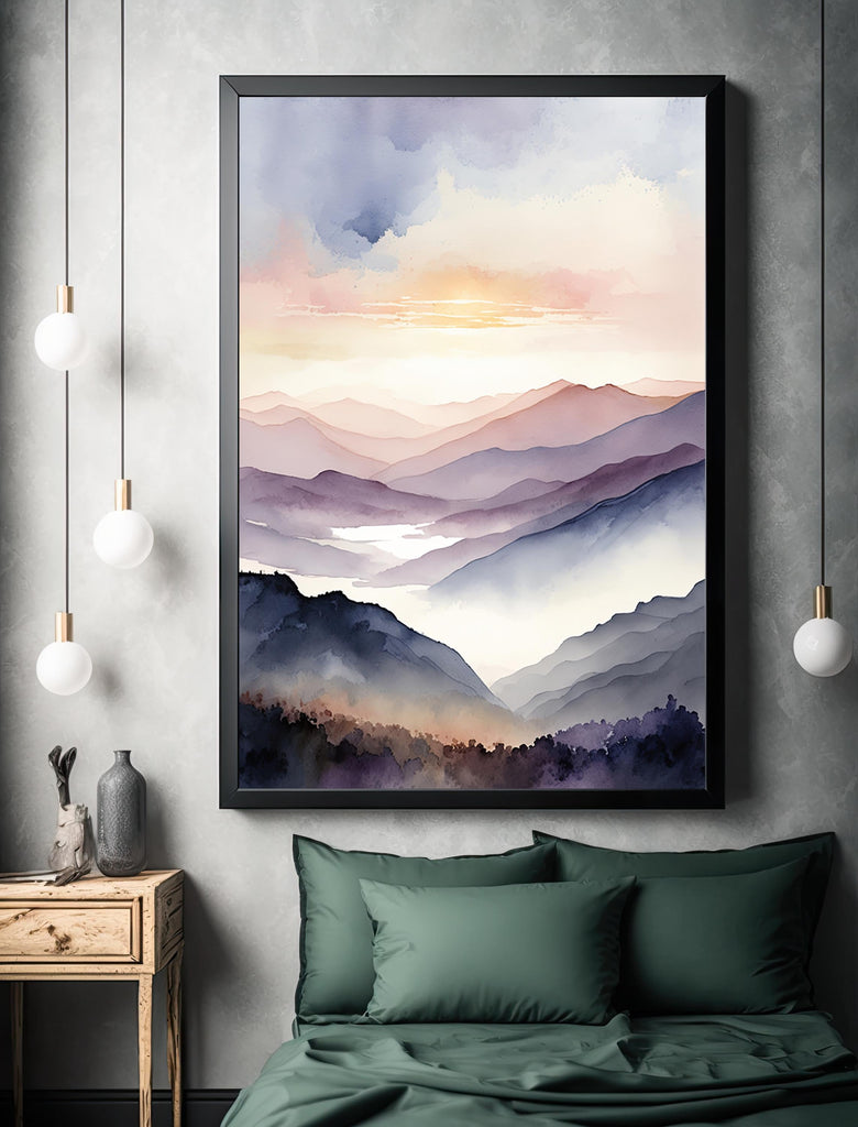 Mountain Sunrise Watercolor Print, Soft Pastel Landscape Wall Art, Nature Inspired Canvas Art, Misty Scenic Poster Home Decor